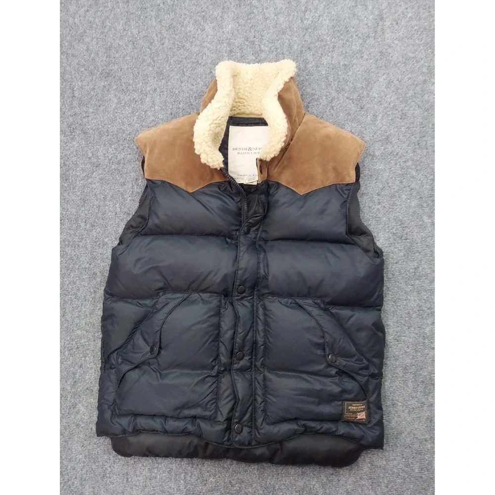 Denim & Supply Ralph Lauren Vest Mens Large Navy Brown Western Sherpa Collar